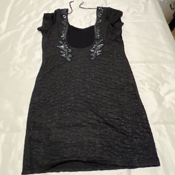 FREE PEOPLE Black Sparkle Sewn Beaded Lined Party Dress Going Out Scoop Back L - Picture 11 of 16